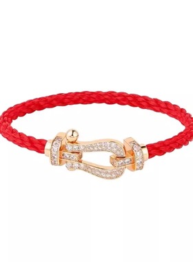 本命年转运红绳马蹄扣手链女18K玫瑰金半镶钻石手环男情侣款手饰