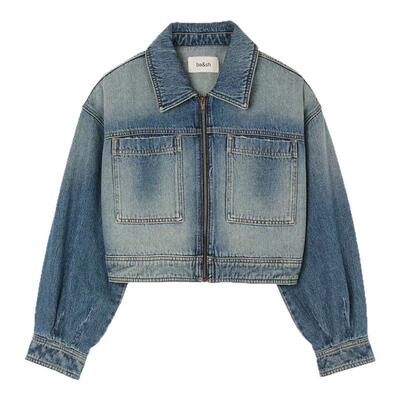 bash春季复古机车bf风休闲水洗做旧牛仔夹克女士短款外套1E25VINC