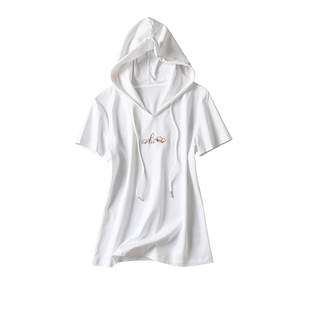 SKYINTL刺绣短款上衣女丝光棉连帽薄款打底衫显瘦纯棉短袖t恤女夏