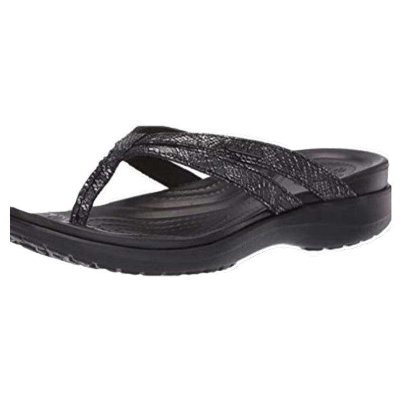 crocs夹趾黑色坡跟皮质沙滩女鞋