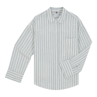 Tommy女装亚麻条纹宽松长袖衬衫