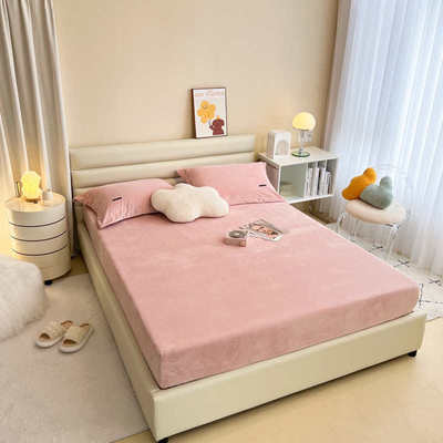 秋冬加绒加厚纯色单独床笠保暖床罩儿童学生宿舍保护罩粉灰紫色