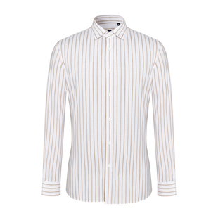 BONI/堡尼春夏新品商务咖色条纹衬衣纤维混纺长袖衬衫男GN234241B