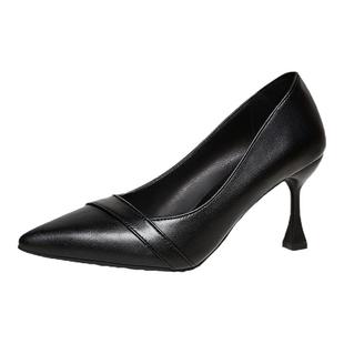 礼仪高跟鞋女真皮细跟单鞋女尖头面试工作鞋正装黑色中跟皮鞋女鞋