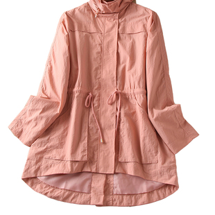 2025秋季新品减龄粉色可折叠连帽防泼水收腰风衣外套女中长款夹克