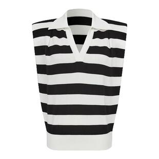 曼德诗醋酸棉针织T恤2026夏季新款无袖垫肩设计法式黑白条纹上衣