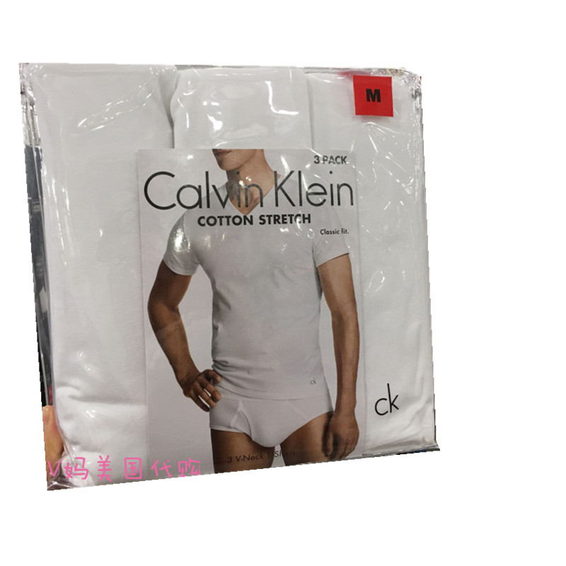 美国正品CALVIN KLEIN CK男士全棉V领TEE打底短袖三件白黑灰混色