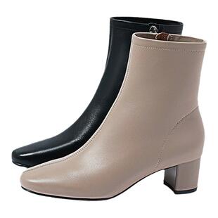 自由姿色冬季新款小圆头粗跟纯色时装靴短靴精致大方踝靴女