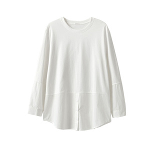 女士纯棉长袖T恤 纯白色全棉圆领打底衫 宽松叠穿上衣 春秋款女装
