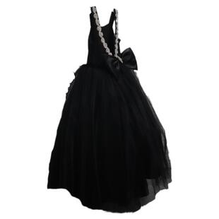 黑色露背钢琴礼服演出亮钻礼服公主长款蓬蓬主持走秀女童晚赫本风