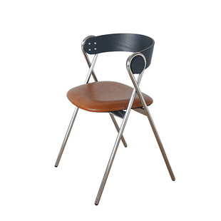 中古实木餐椅不锈钢家用靠背椅复古休闲咖啡厅网红餐厅设计师椅子