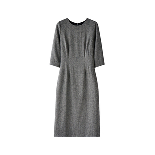 Into Fiction 50%羊毛法式黑白人字纹秋冬复古通勤修身显瘦连衣裙