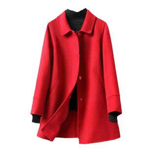 毛呢外套女常规款酒红色修身气质春秋新款高端双面羊毛大衣小个子
