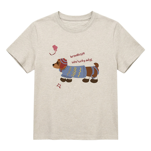 腊肠小狗印花t恤女款2026夏季打底内搭正肩纯棉短款修身短袖上衣