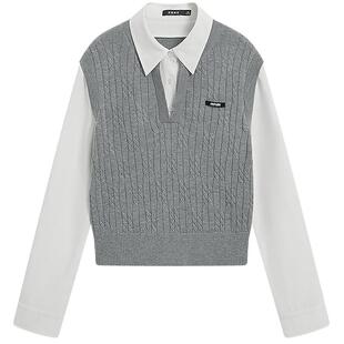 KBNE学院风假两件绞花针织衫女2026春季新款气质灰色短款翻领上衣