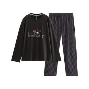 芬腾男士睡衣春秋季纯棉长袖抗静电套装可爱布朗熊卡通休闲家居服