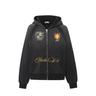 短句先生黑色做旧毛圈布复古徽章连帽拉链卫衣