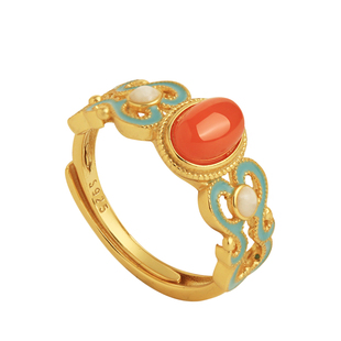 天然南红蛋面开口纯银戒指女祥云红玛瑙玉石红色宝石新年过年礼物