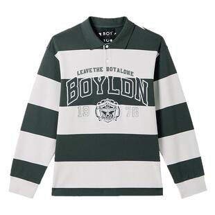 BOYLONDON潮流宽横条纹翻领长袖春秋男女同款撞色POLO衫N00007