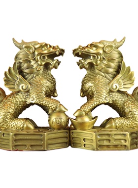 纯黄铜麒麟摆件一对家居装饰品客厅办公室招财镇宅八卦财富麒麟