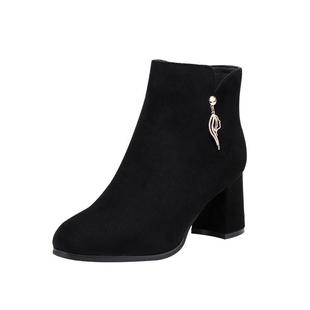 蜘蛛王加绒小短靴绒面女鞋冬季新款保暖磨砂女靴粗跟高跟鞋踝靴子