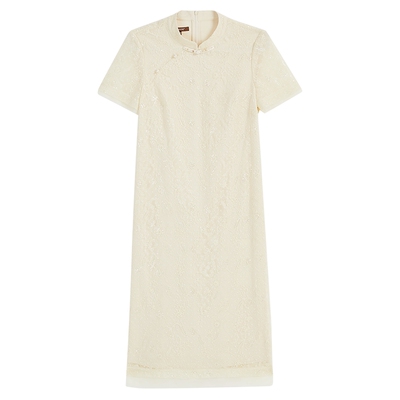 YINER音儿专选女装夏季优雅新中式盘扣小立领刺绣蕾丝连衣裙