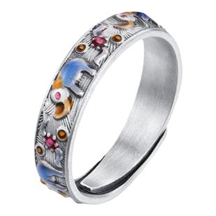 吴越老银铺足银999菩象戒指纯银女砂旧珐琅彩国潮民族风小众指环