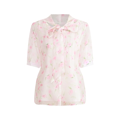 马天奴粉色印花短袖飘带领衬衫