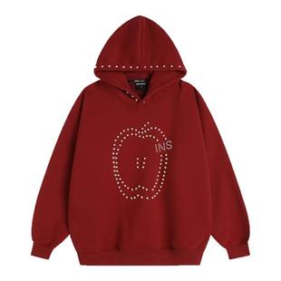 INSstudios 国潮美式「趣味苹果珍珠连帽卫衣」宽松加绒帽衫上衣