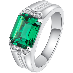 祖母绿尖晶925纯银镀白金男式戒指 绿宝石男款指环 潮人免费刻字