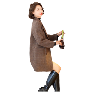 2023新款小个子双面呢羊毛外套韩版宽松秋冬西装毛呢千鸟格大衣女