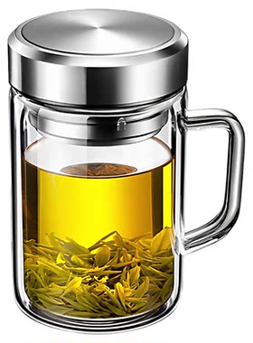 大容量双层玻璃杯带把手办公茶杯