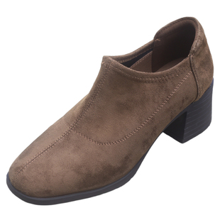 粗跟深口单鞋弹力绒面女鞋2025秋新款方头中跟不累脚一脚蹬厚底