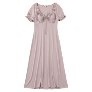 高级女士短袖莫代尔睡裙带胸垫女款性感睡衣女收腰长裙长款家居服