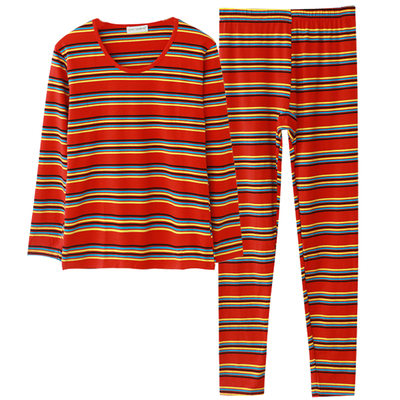 纯棉条纹圆领保暖中年打底套装