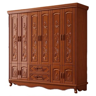 中式实木雕花衣柜六门现代简约衣橱主卧大小户型家用卧室原木家具