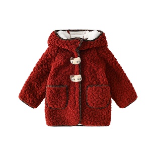 皇室童缘女童红色羊羔绒外套冬季新款儿童加绒卡通连帽上衣中大童
