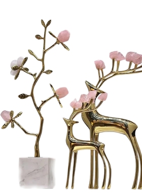 鹿发财树软装玄关摆件黄铜轻奢