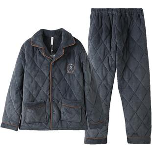 芬腾三层夹棉睡衣男款冬季加绒加厚珊瑚绒男士家居服冬天棉衣套装