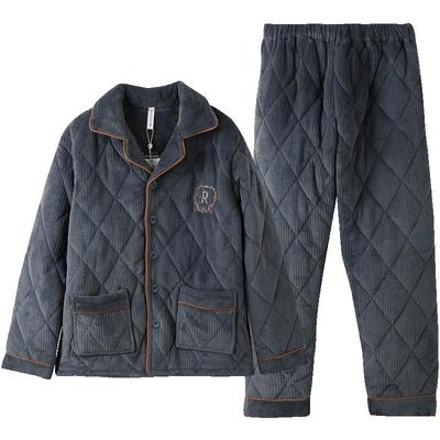 芬腾三层夹棉睡衣男款冬季加绒加厚珊瑚绒男士家居服冬天棉衣套装