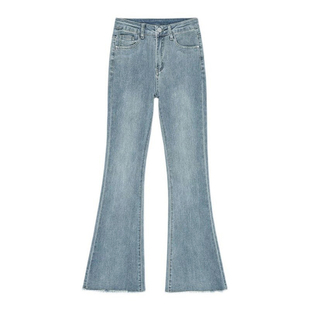 蓝色毛边微喇牛仔裤女高腰冬季加绒大码胖mm显瘦弹力喇叭马蹄裤子