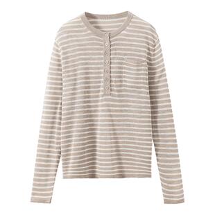 【简约有腔调】干爽亲肤 法式复古亨利领长袖条纹针织T恤上衣女