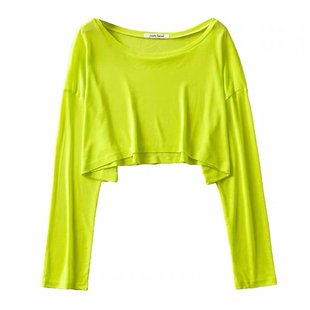 jazz上衣荧光绿色爵士舞宽松漏肩露脐短款长袖t恤舞蹈表演服装女