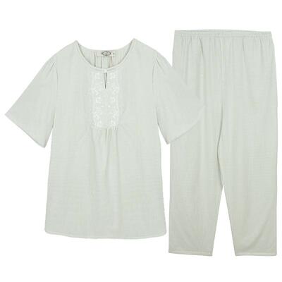 美标女士梭织纯棉短袖九分裤套装