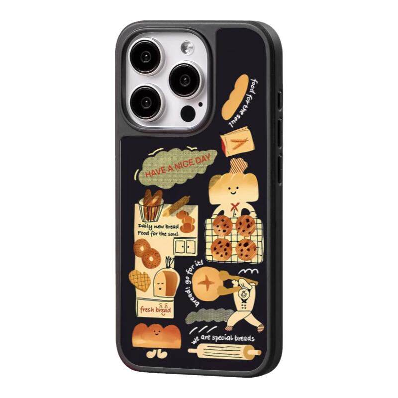 小众卡通插画面包黑框AG磨砂玻璃磁吸手机壳适用苹果iPhone16promax手机壳14pro可爱15不撞壳12全包ins