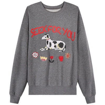 今屿花花灰色印花复古卫衣女春秋