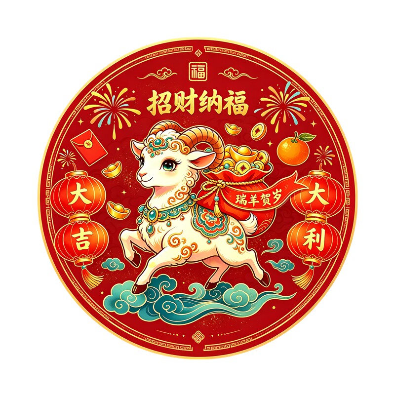 招财纳福圆形墙贴瑞羊福袋橘子灯笼祥云大吉大利新年喜庆墙壁贴画