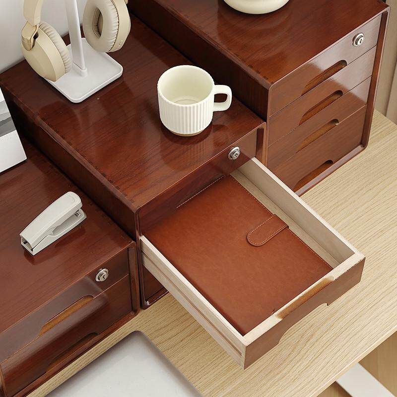 实木桌面收纳盒抽屉式办公室多层A4纸储物柜学生木质杂物加锁盒子