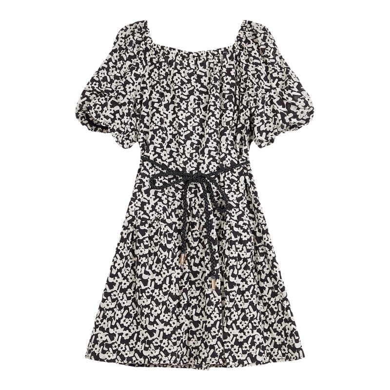 方领芭依璐显瘦抽绳碎花系带短袖