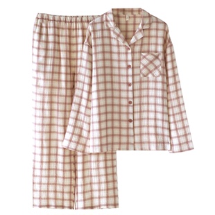情侣纯棉纱布睡衣女春夏男士复古格子翻领长袖套装全棉薄款家居服